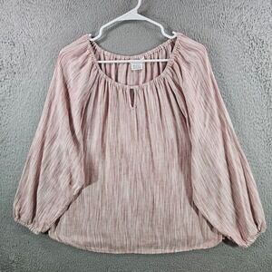 Boston Traders Women‎ Pink Linen Blend Striped Peasant Blouse Keyhole Top Large